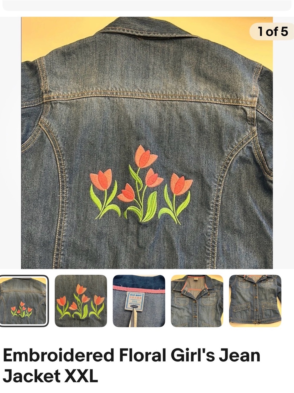 Old Navy Girls Denim Jacket with Coral Tulip Embroidery